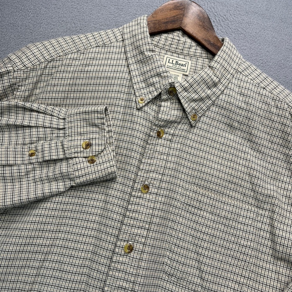 LL Bean Button Down Shirt Mens XL Beige Plaid Cotton Long Sleeve Casual Outdoor